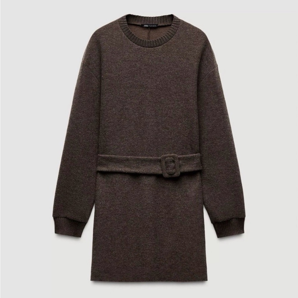 NEW Zara Belted Soft Feel Dress in Brown - Medium